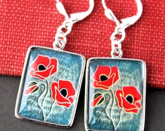 Poppy Flower Dangle Earrings: Blue Red Hand-Painted Enamel Drop, Floral Statement Jewelry, Gift, Handmade