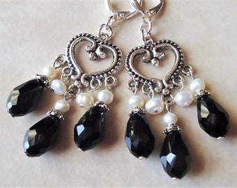 Jet Black Crystal Dangle Earrings White Pearl Silver Statement Chandelier Bridal Long Cluster Heart Bohemian Gift Handmade