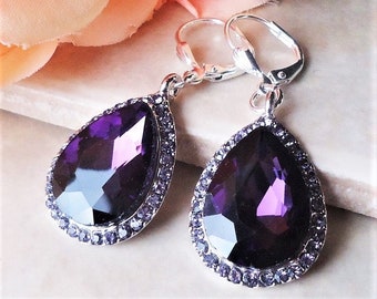 Amethyst Purple Crystal Dangle Earrings, Silver Jeweled Teardrop Statement Jewelry, Handmade