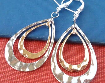 Mixed Metal Teardrop Dangle Earrings: Hammered Silver & Gold Metal, Modern Statement Jewelry, Gift, Handmade