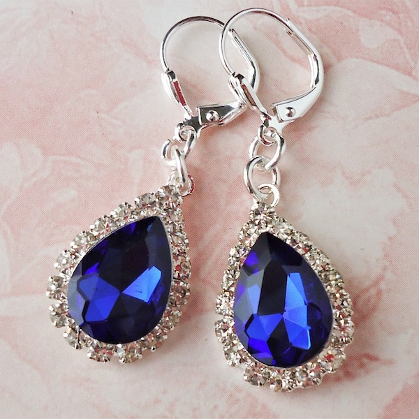 Blue Crystal Dangle Earrings Clear Rhinestone Tear Drop Silver Bridal Bridesmaid Gemstone Small Jeweled Earrings Statement Handmade