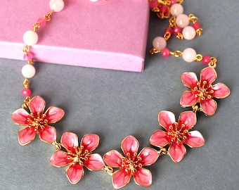 Hand-Painted Pink Flower Necklace: Gemstone Chain, Floral Choker Statement Jewelry, Gift, Handmade