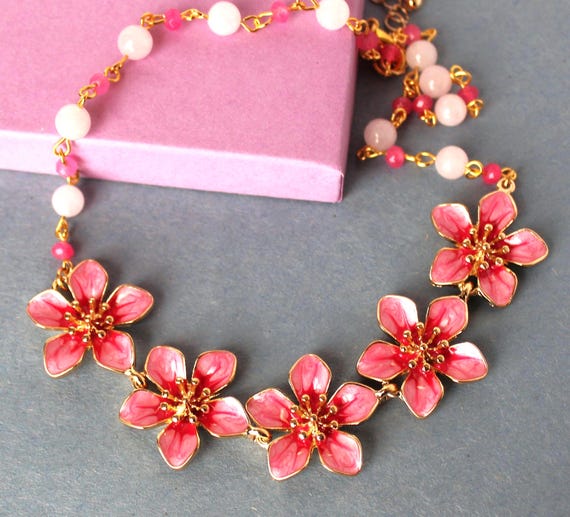 Pink Flower Necklace: Gemstone Chain, Hand-painted Floral Choker