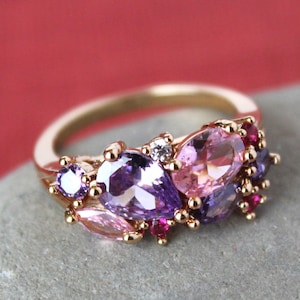 Pink Purple Crystal Ring, Rhinestone Ring, Cocktail Ring, Jeweled Ring, Lavender Ring, Bridal, Gold, Statement Ring, Formal, Gift Handmade