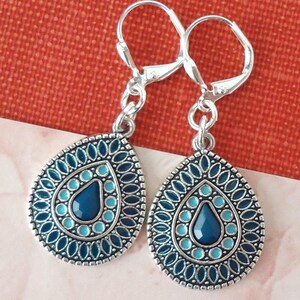 Floral Dangle Earrings Blue Silver Painted Silver Enamel Multi Color Statement Bridal Tear Drop Bohemian Big Formal Gift Handmade