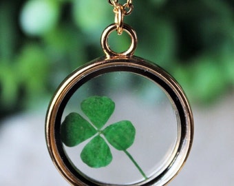 Real Four Leaf Clover Necklace, Lucky Botanical Statement Jewelry, Gift, Handmade