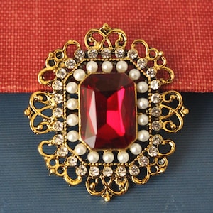 Red Garnet Crystal Brooch Pin Jeweled White Pearl Rhinestone Bridal Bridesmaid Floral Brooch Gold Wedding Formal Sash Gift Handmade