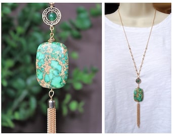 Green Empress Stone Pendant Long Necklace Crystal Tassel Gold Dainty Chain Beaded Bridal Layering Vintage Boho Modern Emerald Handmade