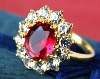 Hot Pink Crystal Rhinestone Cocktail Ring: Bridal Statement Jewelry, Gift, Handmade