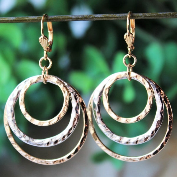 Mixed Metal Hoop Earrings.Circle Earrings.Hammered.Silver.Gold.Two Tones.Statement.Modern.Bridal.Bohemian.Clip-On Earrings.Gift.Handmade.