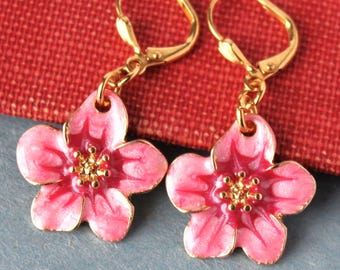 Hand Painted Pink Flower Dangle Earrings: Gold Enamel Floral Statement Jewelry, Gift, Handmade
