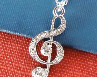 Crystal Treble Clef Pendant Necklace: Silver Music Note Charm, Musician Statement Jewelry, Gift, Handmade