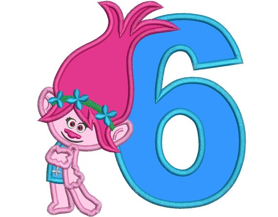 Download 6th Birthday Poppy Troll Applique Design 3 Sizes For Instant Etsy