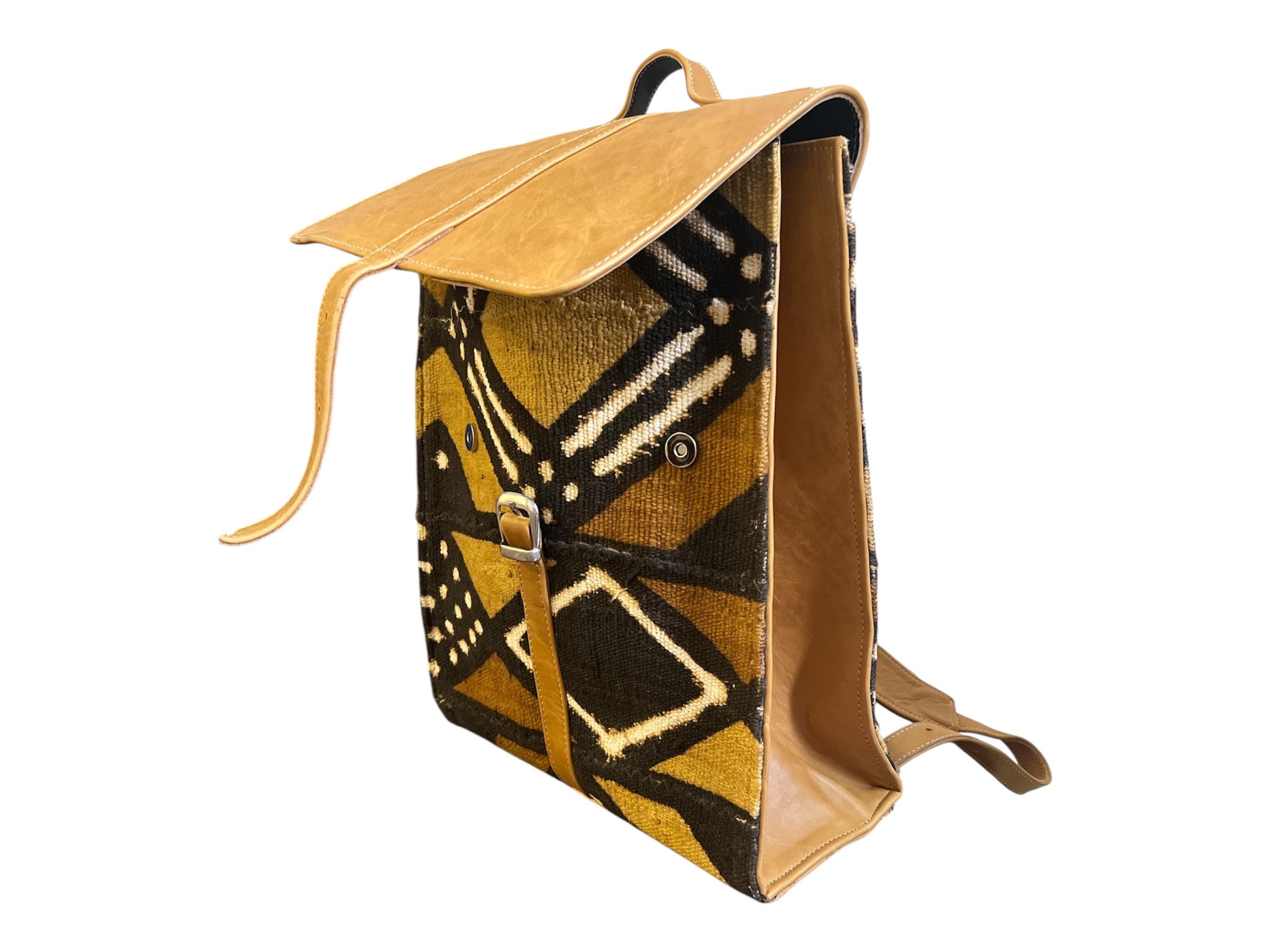 Handmade unisex mud cloth leather backpack