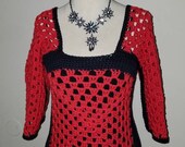 Woman 39 s Sexy granny square Red and Black cotton cold shoulder top.