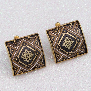 Orecchini vintage in damasco spagnolo, regalo per mamma spagnola, orecchini quadrati non forati