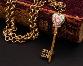 Vintage guilloche heart key necklace Copper convertible brooch pendant Enamel rose flower necklace