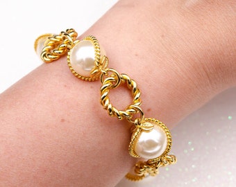 Vintage  ivory pearl bracelet Chunky gold chain bracelet 1928 jewelry
