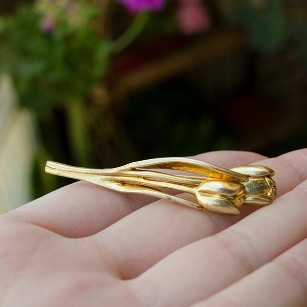 Vintage gold tulip brooch Two flower stem pin Gold bouquet brooch April birth flower