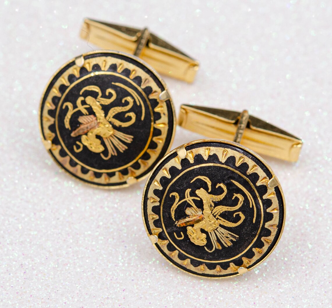 Vintage spanish damascene cufflinks Gold round cuff links Etsy
