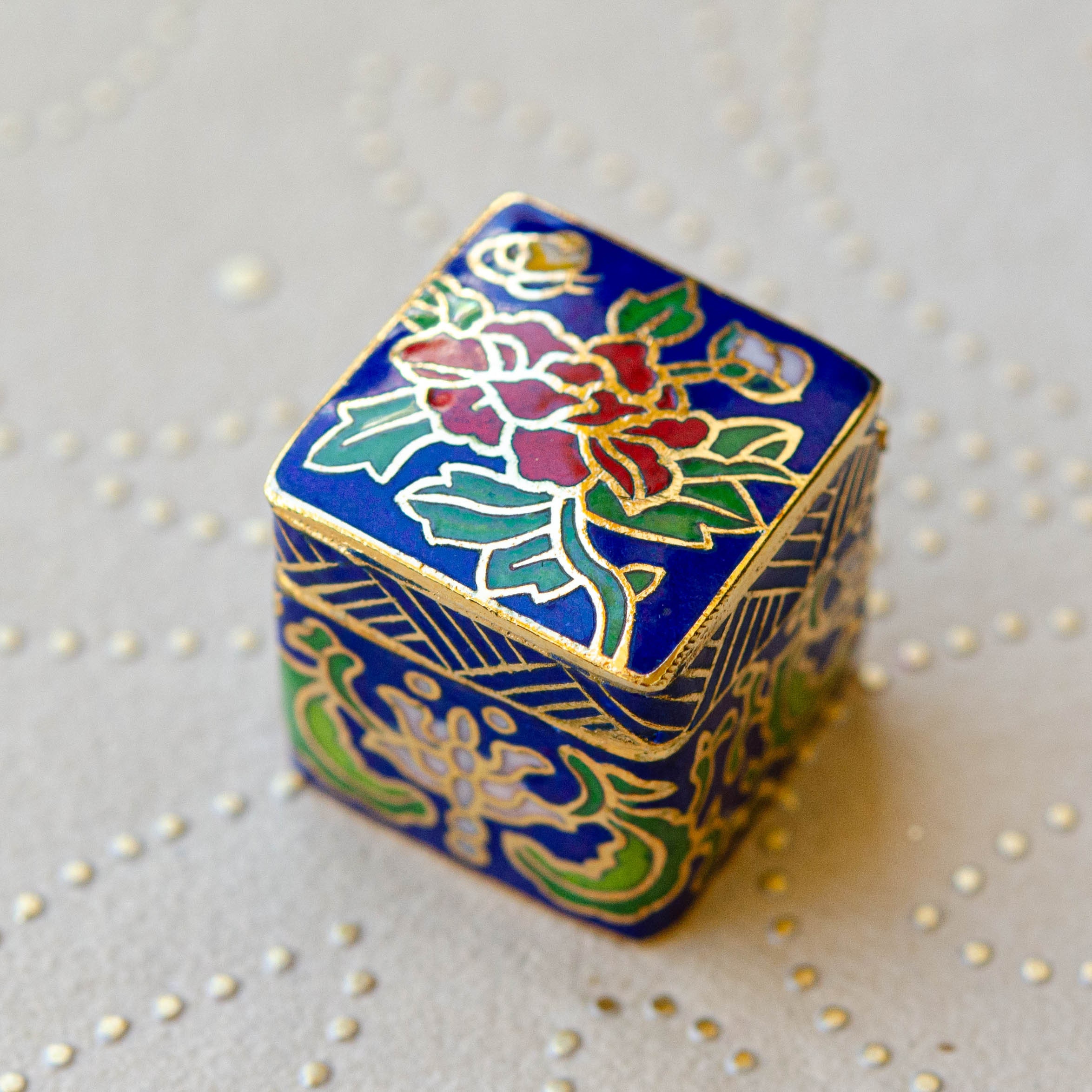 Vintage Chinese Dahlia Pill Box Gold Tiny Pill Case Petite Blue