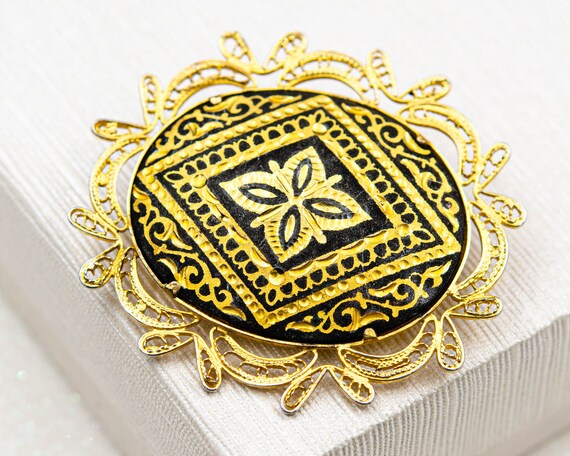 Vintage Spanish Damascene brooch Gold geometric f… - image 8