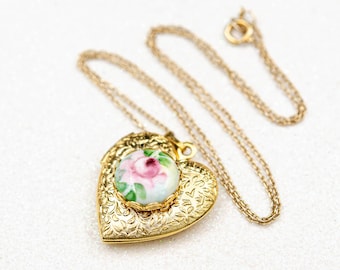 Vintage gold heart locket necklace Porcelain hand painted rose flower necklace Regency necklace June birth flower