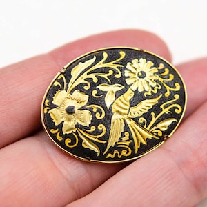 Vintage Spanish Damascene brooch Swallow bird and flower pin Small gold oval brooch