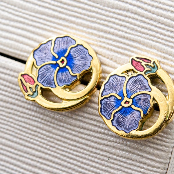 Vintage blue cloisonne enamel earrings Forget me not studs September birth flower