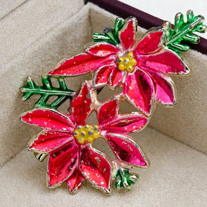 Vintage red poinsettia jewelry Xmas enamel flower brooch Stocking stuffer for women