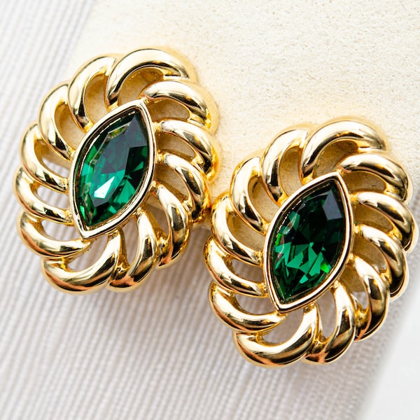 Vintage Swarovski earrings Emerald green clip on earrings Gold swirl non pierced earrings May birthstone