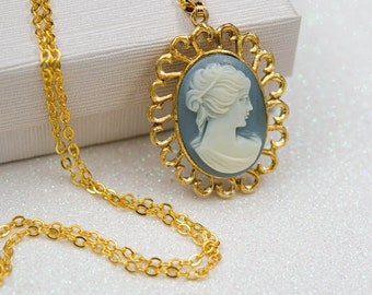 Vintage gold filigree cameo necklace Resin cameo pendant Regency blue cameo necklace