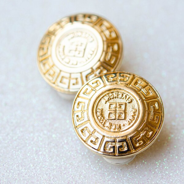 Vintage Givenchy logo earrings Gold greek key earrings Chunky button non pierced earrings