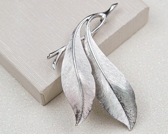 Vintage Crown Trifari Silver Leaf Brooch Large Botanical Brooch