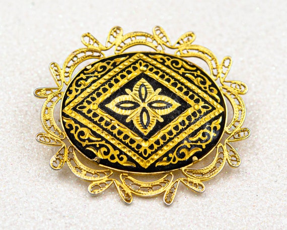 Vintage Spanish Damascene brooch Gold geometric f… - image 10