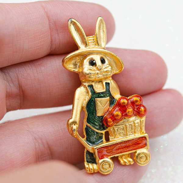 Vintage satin gold rabbit brooch Spring Danecraft jewelry Enamel easter brooch