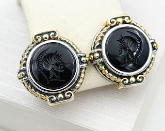 Vintage black intaglio earrings Roman soldier jewelry Cameo non pierced earrings Gold silver earrings