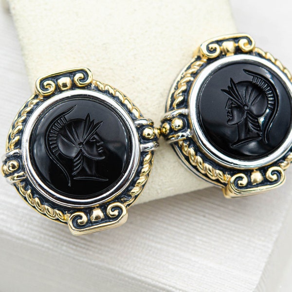 Vintage black intaglio earrings Roman soldier jewelry Cameo non pierced earrings Gold silver earrings