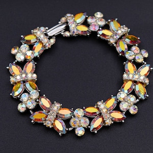 Vintage aurora borealis rhinestone bracelet Glam crystal butterfly bracelet Small wrist bracelet Yellow topaz bracelet November birthstone