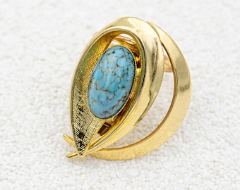 Vintage gold scarf ring clip with turquoise Textured modernist scarf ring Teardrop hinged scarf clip