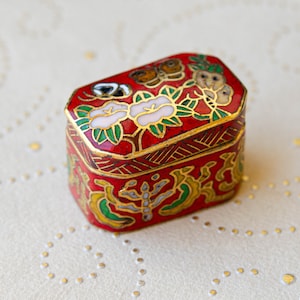 Vintage Sakura and butterfly pill box Gold tiny pill case Petite red cloisonne enamel trinket box Grandma gift