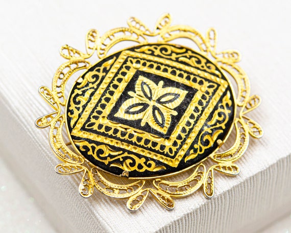Vintage Spanish Damascene brooch Gold geometric f… - image 7