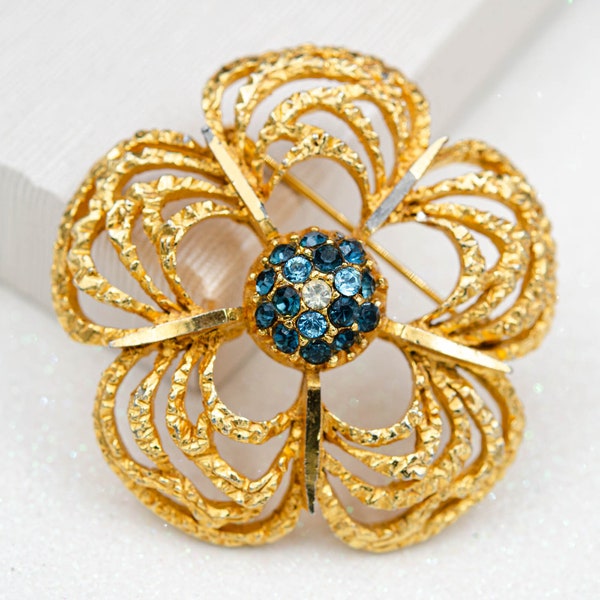 Vintage big flower brooch Sphinx jewelry Teal crystal brooch