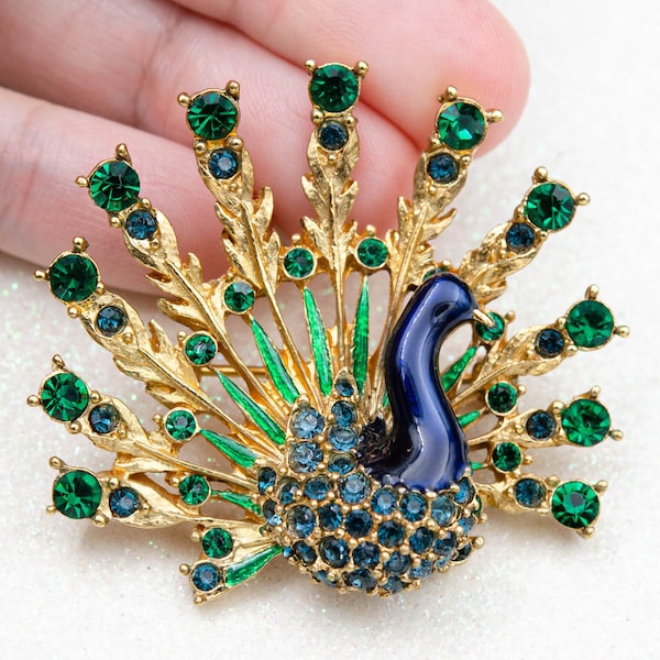 Vintage peacock brooch Sphinx jewelry Enamel bird brooch with rhinestones May birthstone