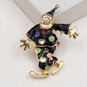 Vintage articulated clown brooch Large black enamel brooch Circus jewelry