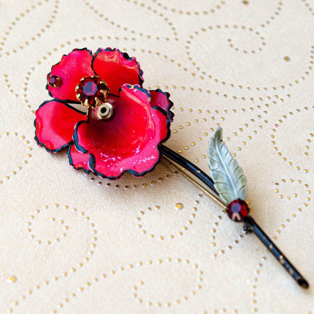 Vintage Francois Brooch Red Orchid Brooch Enamel Flower Stem