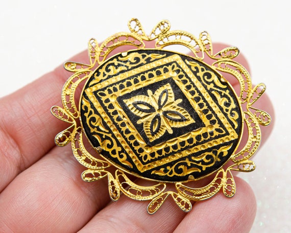 Vintage Spanish Damascene brooch Gold geometric f… - image 3