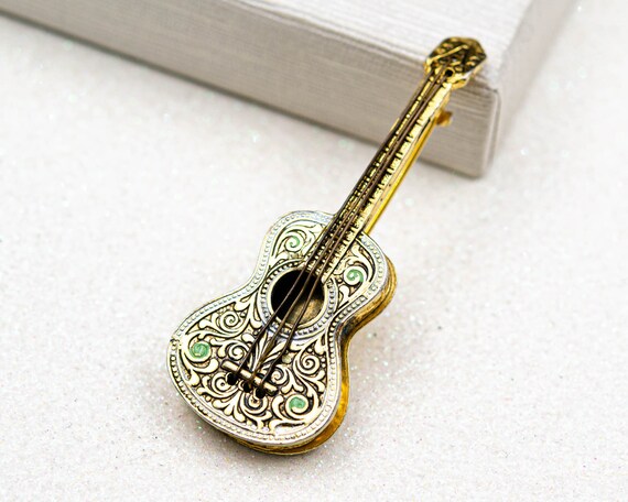 Vintage Spanish Damascene brooch Guitar teacher g… - image 2