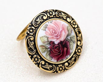 Vintage cottagecore scarf ring clip Red and pink rose small scarf clip Gold scarf holder