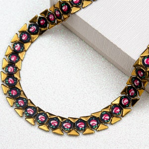 Vintage gold chunky choker with pink rose Black enamel hexagon necklace Hand painted choker necklace